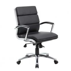 Black Contemporary Mid Back Executive Desk Chair Caresoft Vinyl Upholstery Ergonomic Seat Height Adjustment by BOSS Office Products