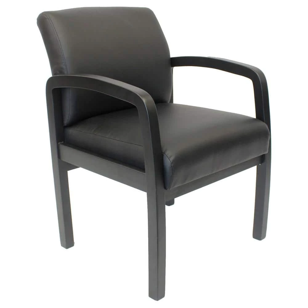 Designer Guest Chair. Black Leather Comfort Cushions. Black Wood Frame. No Tool Assembly by BOSS Office Products 3 Designer Guest Chair. Black Leather Comfort Cushions. Black Wood Frame. No Tool Assembly by BOSS Office Products