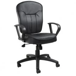 Black Leather Task Chair Black Loop Arm Rest Pneumatic Height Adjustment Swivel-Tilt Mechanism Nylon Base by BOSS Office Products