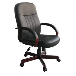 HomePro Executive Chair Black Leather Mahogany Wood Padded Arms Pneumatic Lift by BOSS Office Products
