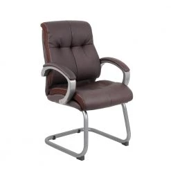 Executive Guest Chair. Brown Leather Cushions. Padded Arms. Pewter Finish Arms and Frame. Floor Glides. by BOSS Office Products