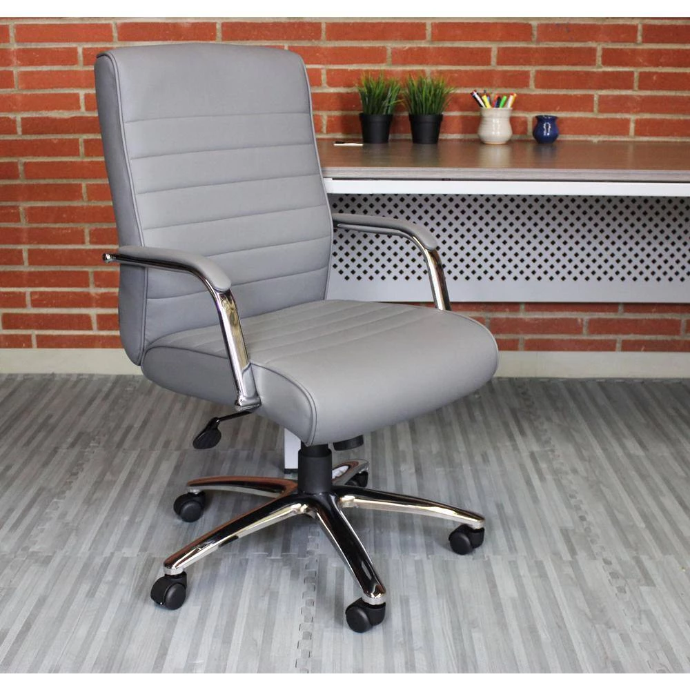 High Back Desk Chair Grey Vinyl Chrome Frame and Base Ribbed Styling Cushion Padded Arms Pnuematic Lift by BOSS Office Products 8 High Back Desk Chair Grey Vinyl Chrome Frame and Base Ribbed Styling Cushion Padded Arms Pnuematic Lift by BOSS Office Products - Image 6