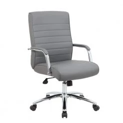 High Back Desk Chair Grey Vinyl Chrome Frame and Base Ribbed Styling Cushion Padded Arms Pnuematic Lift by BOSS Office Products