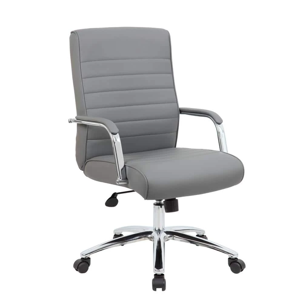 High Back Desk Chair Grey Vinyl Chrome Frame and Base Ribbed Styling Cushion Padded Arms Pnuematic Lift by BOSS Office Products 3 High Back Desk Chair Grey Vinyl Chrome Frame and Base Ribbed Styling Cushion Padded Arms Pnuematic Lift by BOSS Office Products