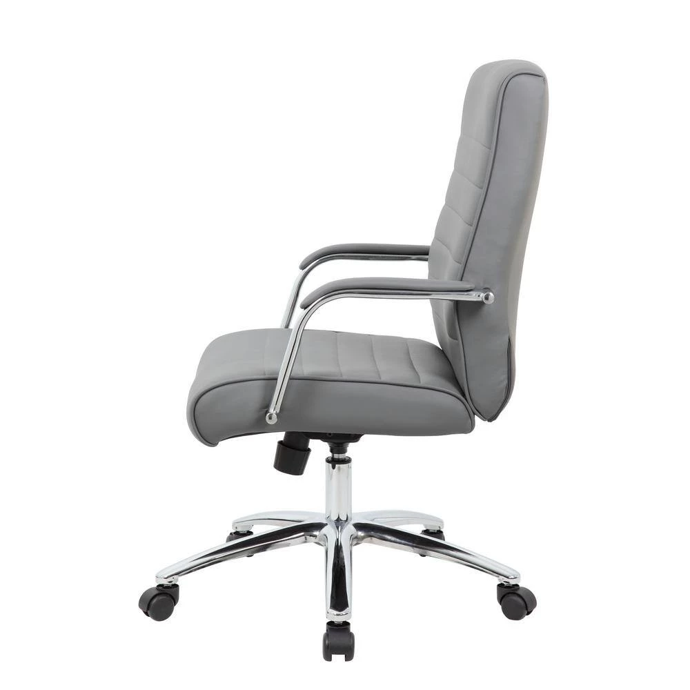 High Back Desk Chair Grey Vinyl Chrome Frame and Base Ribbed Styling Cushion Padded Arms Pnuematic Lift by BOSS Office Products 4 High Back Desk Chair Grey Vinyl Chrome Frame and Base Ribbed Styling Cushion Padded Arms Pnuematic Lift by BOSS Office Products - Image 2