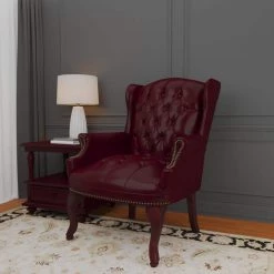 Wing Back Chair Burgundy Vinyl Mahogany Button Tufted Brass Nail Heads by BOSS Office Products -BOSS Offic Shop oxblood boss office products accent chairs b809 by 31 1000