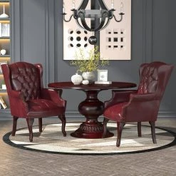 Wing Back Chair Burgundy Vinyl Mahogany Button Tufted Brass Nail Heads by BOSS Office Products -BOSS Offic Shop oxblood boss office products accent chairs b809 by c3 1000